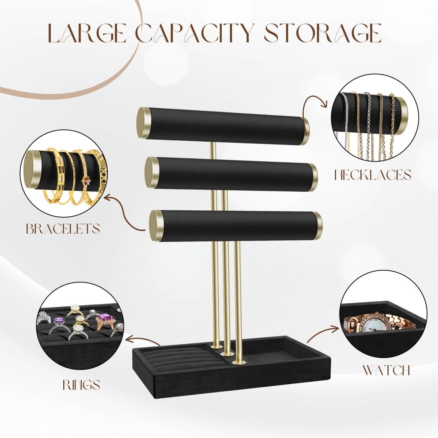 Flexzion 3 Tier Bracelet Holder Display Stand - Black Velvet Bracelet Holder Organizer with Detachable T Bar - Jewelry Display Stand for Bracelets, Bangles, Necklace, Watches, Rings