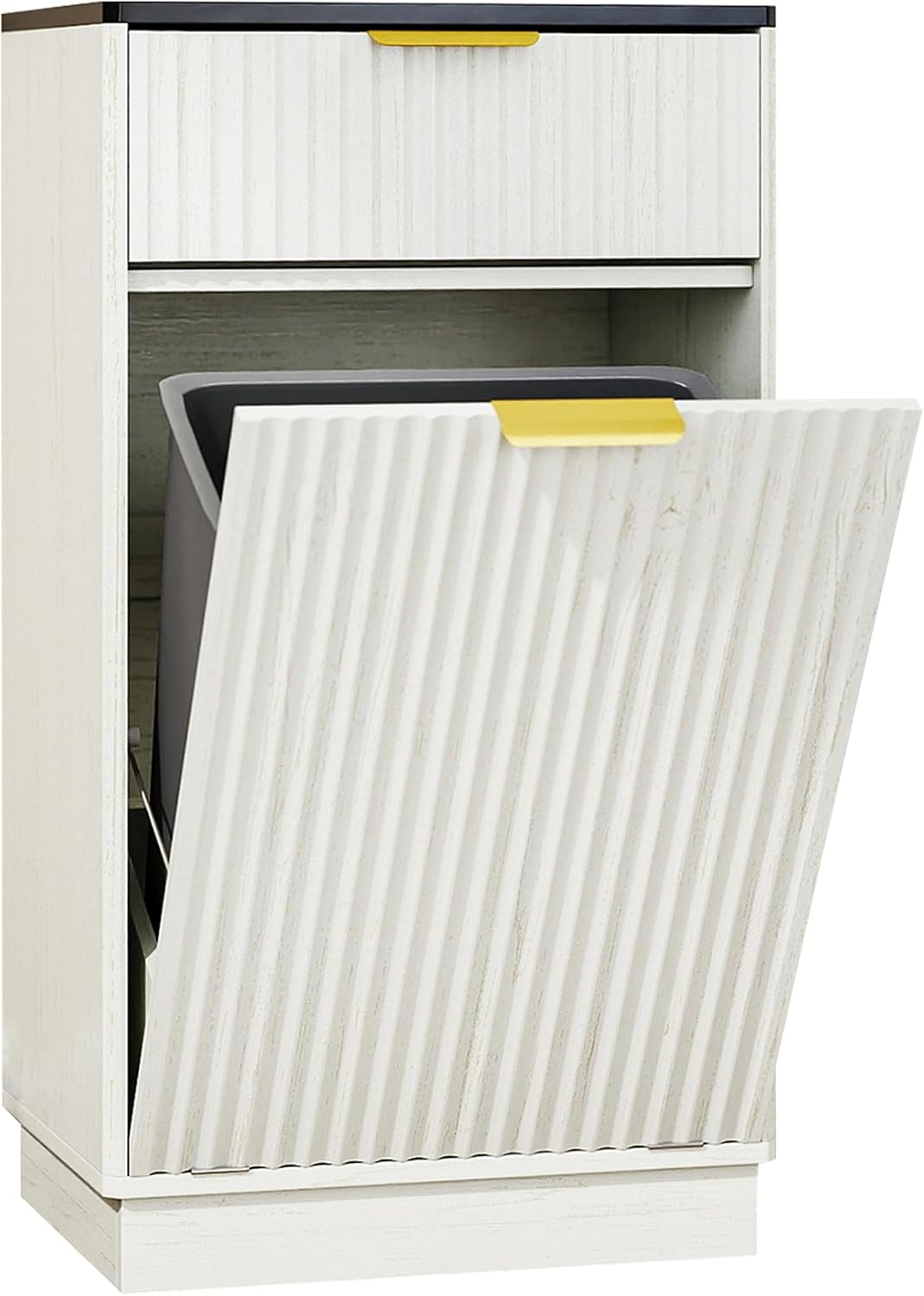 Tilt-Out Trash Cabinet, White Laundry Hamper Cabinet with Black Top, 34.3 x 19 x 13.8 inches, 10 Gallon Capacity, Wave-Textured Front, Storage Drawer.