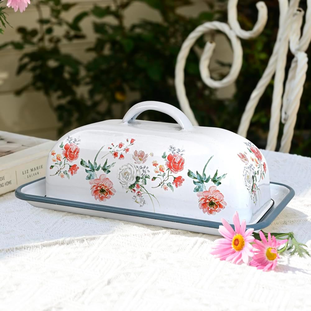 Enameled Farmhouse Vintage Butter Dish with Lid, 7.5 Inch Durable Kitchen Food Storage Container Rust-Resistant Refrigerator Safe,Vintage Decorative Design Kitchenware for Countertop