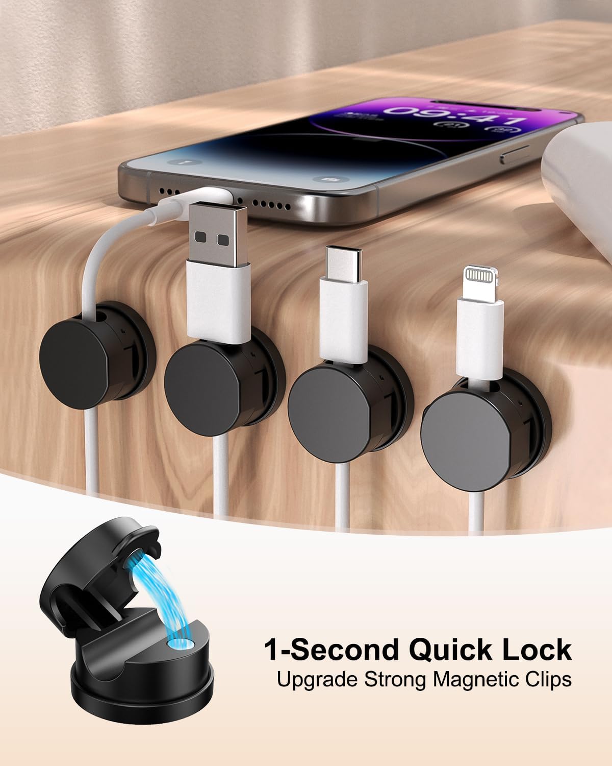 OneLeaf 8 Pack 360° Rotatable Strong Magnetic Cable Clips Cord Holder for Nightstand, 1s Lock Phone Charger Holder, Adhesive Magnetic Cord Clips for Home/Office/Car/Game Station, Smooth Adjustable