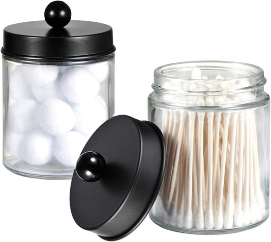 Amolliar Apothecary Jars Bathroom Storage Organizer - Cute Qtip Dispenser Holder Vanity Canister Jar Glass with Lid for Cotton Swabs,Rounds,Bath Salts,Makeup Sponges,Hair Accessories/Black（2 Pack）