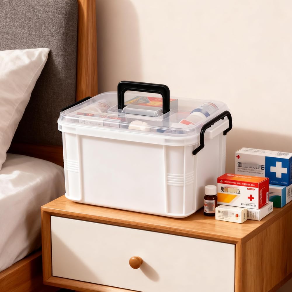 15qt White Medicine Organizer Storage Box with Tray, Plastic First Aid Box Empty, Thickened Medicine Container Chest, Multipurpose Medical Case with Labels, Medicine Caddy with Lids Handles