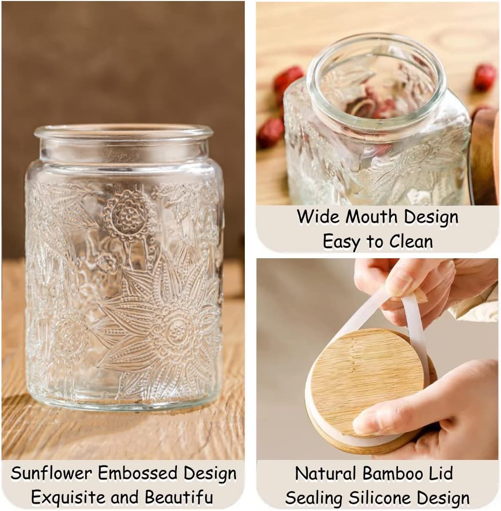 ANSQU Set of 2 Vintage Glass Storage Jars, Glass Food Storage Containers(25.3oz/23.7oz), Candy Jars with Lids for Kitchen Coffee, Tea, Cookie, Sugar, Bath Salts, Cute Jar
