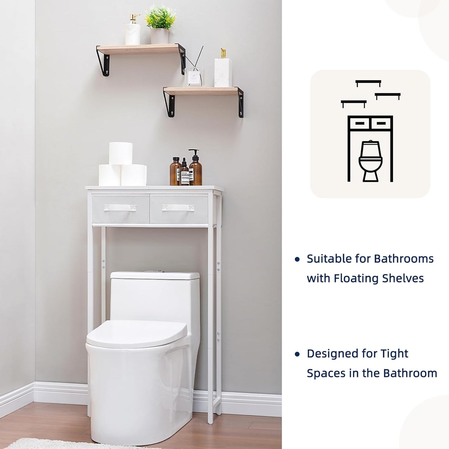 MOHOPE 2-Tier Over The Toilet Storage with 2 Fabric Drawers, Freestanding Above The Toilet Storage Cabinet, Space Saver Metal Over Toilet Bathroom Organizer Shelf for Small Space, White