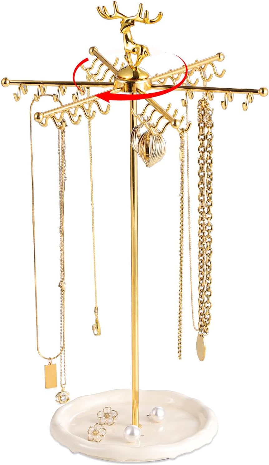 Necklace Holder Jewelry Stand, Rotating Necklace Holder Organizer with 48 Hooks for Necklace Earring Keychains Bracelet Display Stand, Metal Necklace Tree Stand -Women Gifts (Gold)