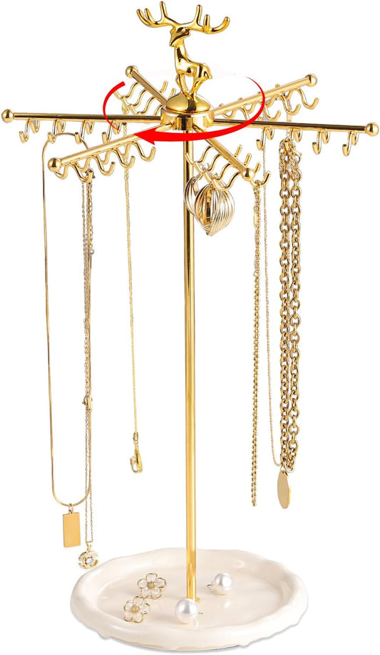 Necklace Holder Jewelry Stand, Rotating Necklace Holder Organizer with 48 Hooks for Necklace Earring Keychains Bracelet Display Stand, Metal Necklace Tree Stand -Women Gifts (Gold)