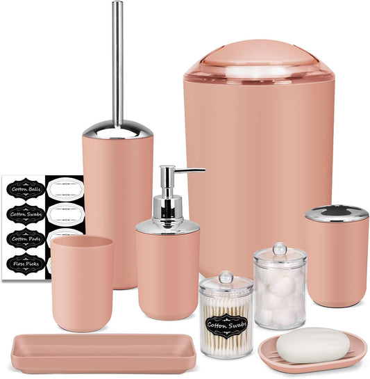 IMAVO Bathroom Accessories Set,Coral Pink Bathroom Set,9 Pieces Bathroom Accessory Set,Tray,Qtip Holders,Toilet Brush,Trash Can for Bathroom Décor and Home Gifts