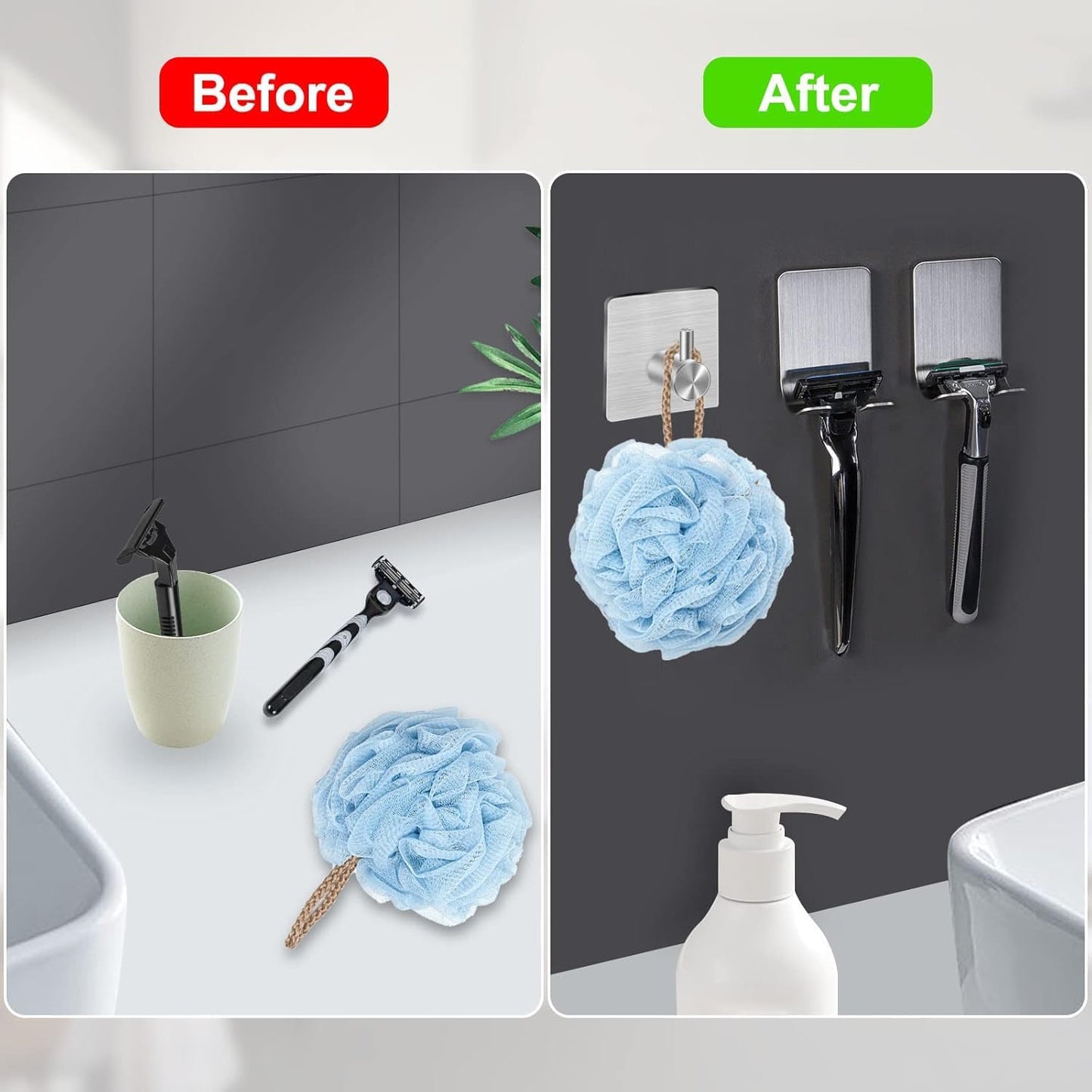 CGBE 4 Packs Shower Hooks for Inside Shower, Self Adhesive Shaver Holder Hanger Hook for Bathroom Damage Free Wall Hooks for Razor Loofah Sponge