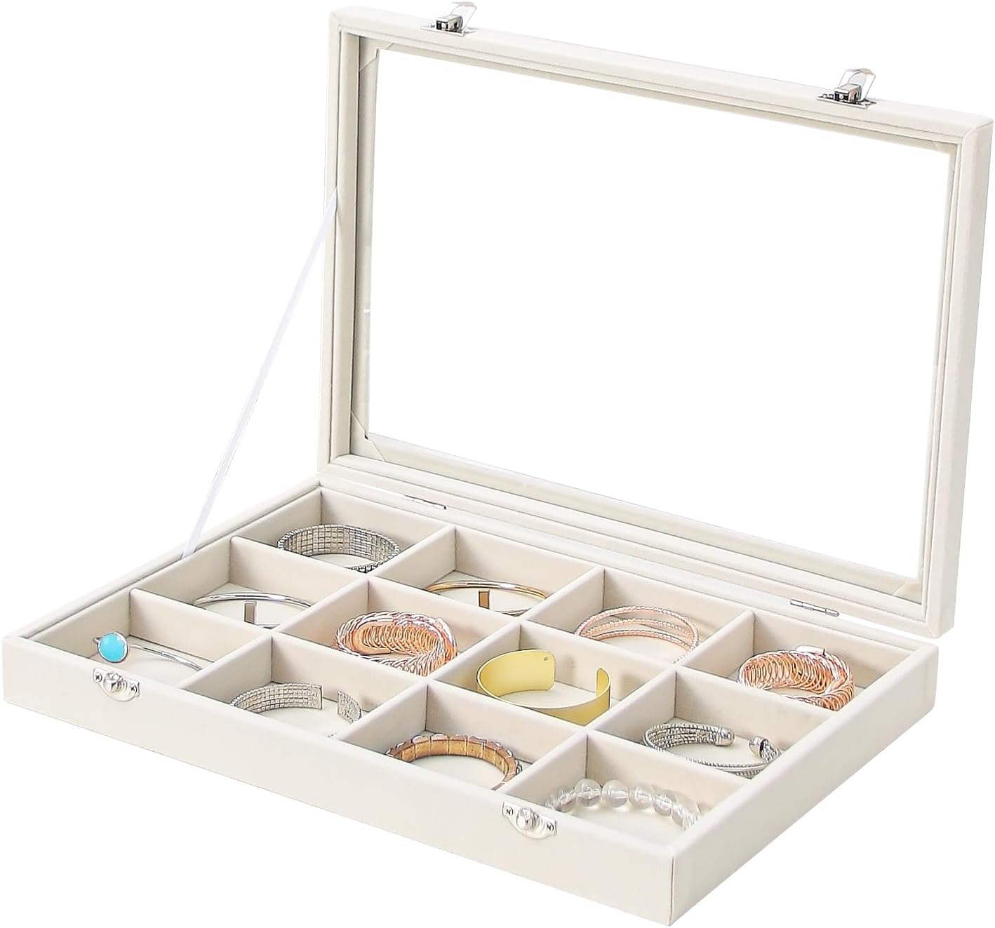 Coward Jewelry Organizer Box, Beige Velvet 12 Grids Bracelet Bangle Necklace Jewelry Display Tray Case with Transparent Glass Lid for Home Drawer Desk or Store Selling Show