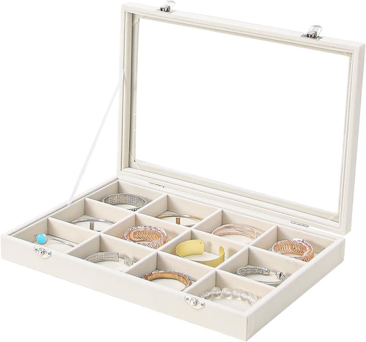 Coward Jewelry Organizer Box, Beige Velvet 12 Grids Bracelet Bangle Necklace Jewelry Display Tray Case with Transparent Glass Lid for Home Drawer Desk or Store Selling Show