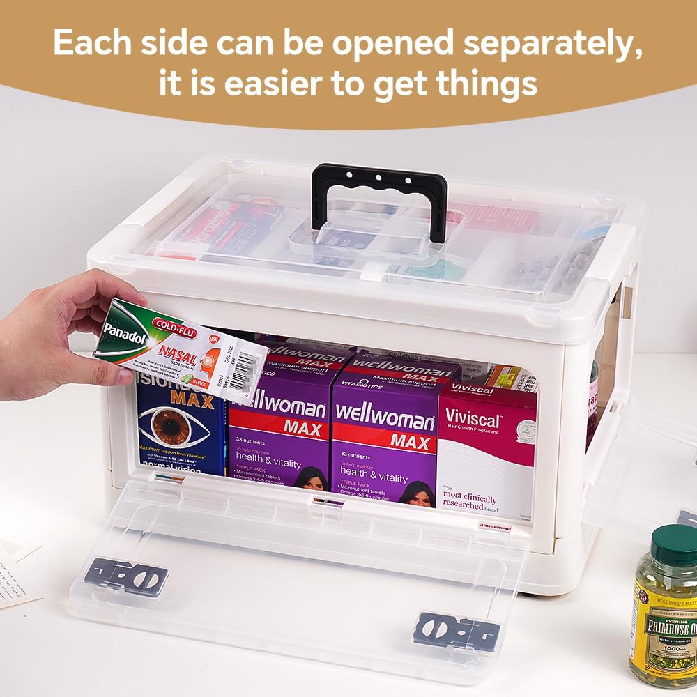 DOUKE 30qt Medicine Organizer Storage Box – Plastic First Aid Box Empty with Lid, Stackable Medical Container with Handle & Wheels, Sturdy BPA-Free Case with Tray for Medication & Supplies