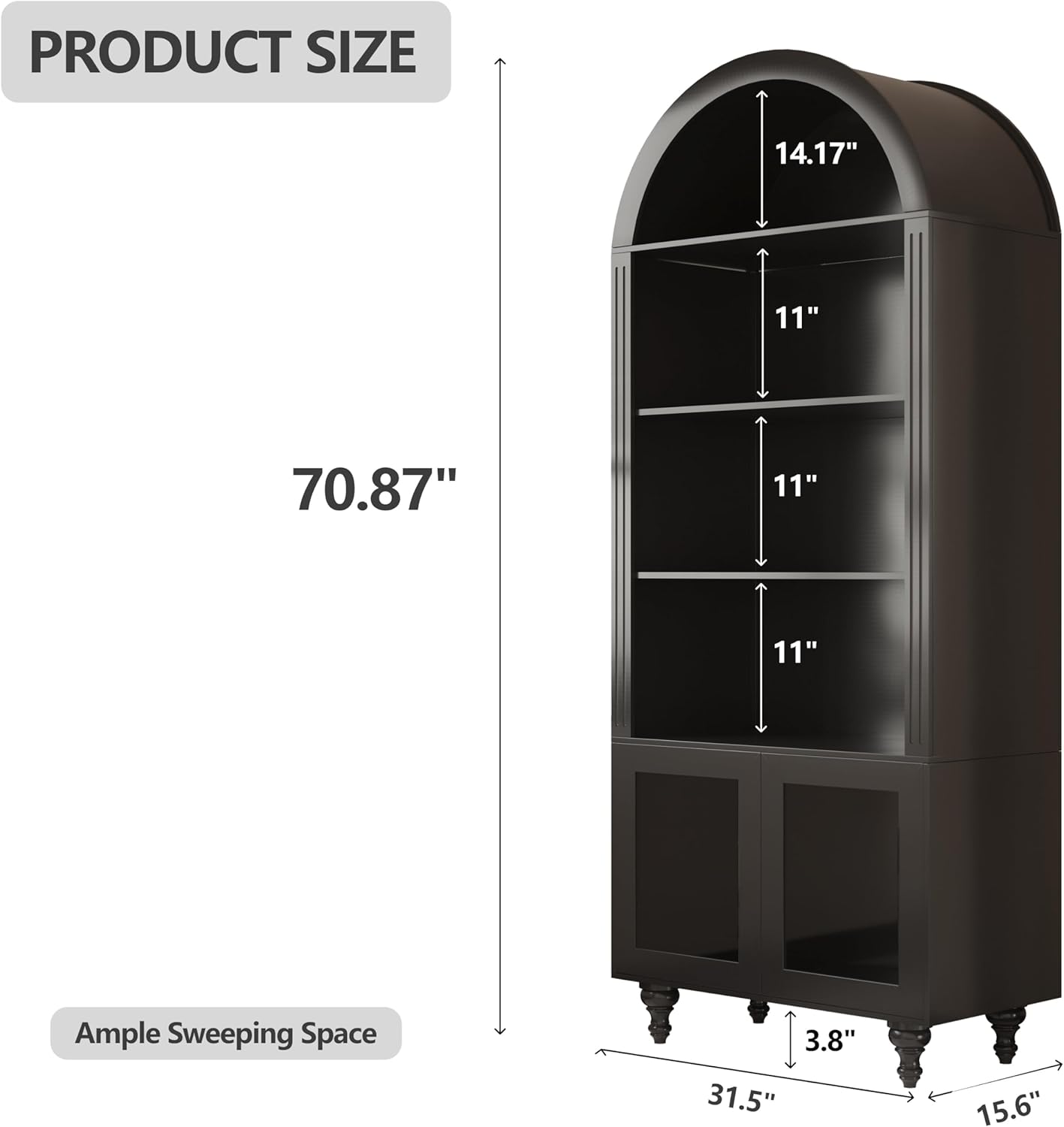 Wooden Arched Display Storage Cabinet with Glass Door, LED Lights,Showcase for Collections, Perfume, Vinyl Albums, Bookcase for Home Office, Living Room, Clinic, Pantry (Black-Arched top)