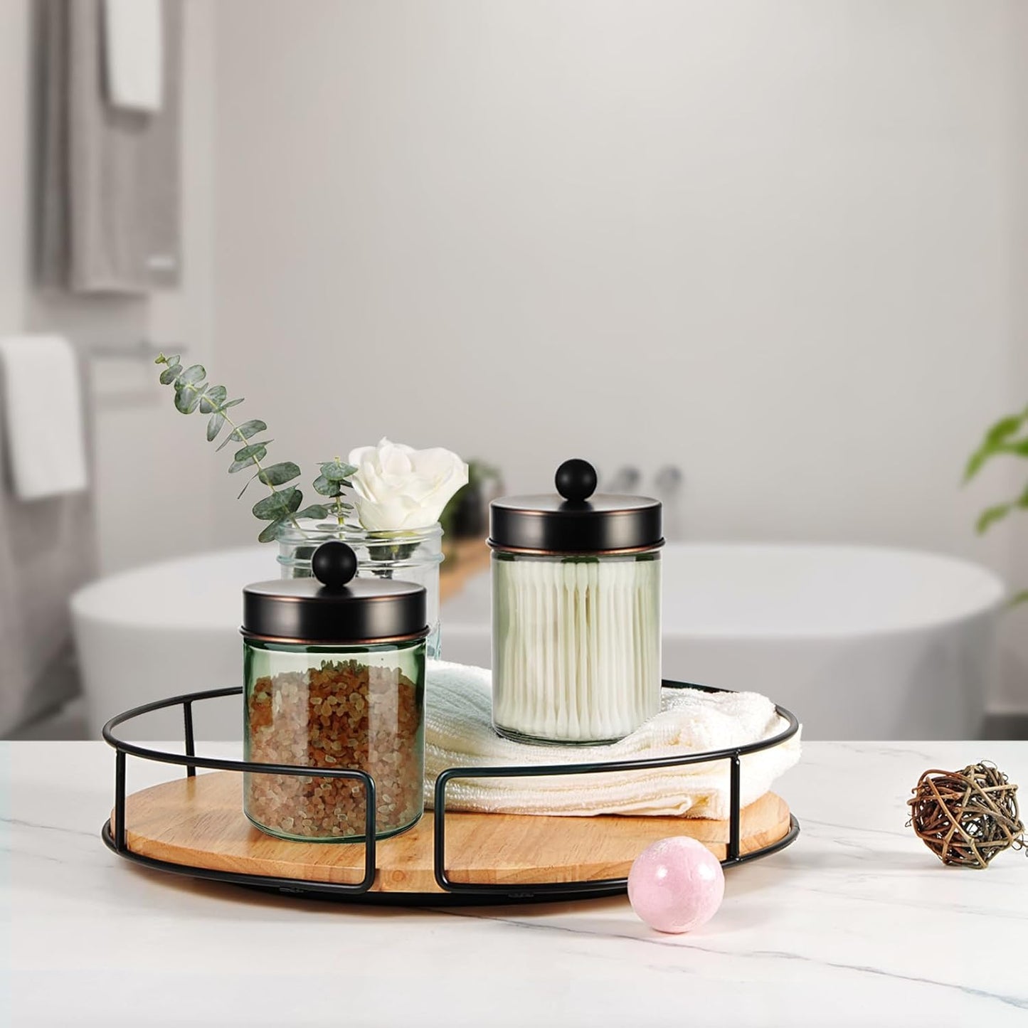 Amolliar Sage Green Apothecary Glass Jar With Metal Lid & Stickers, Bathroom Qtip Holder Storage Canister, Farmhouse Decor for Cotton Balls, Cotton Swabs, Makeup Pads, Bath Salt, Floss,ORB 1 Pack