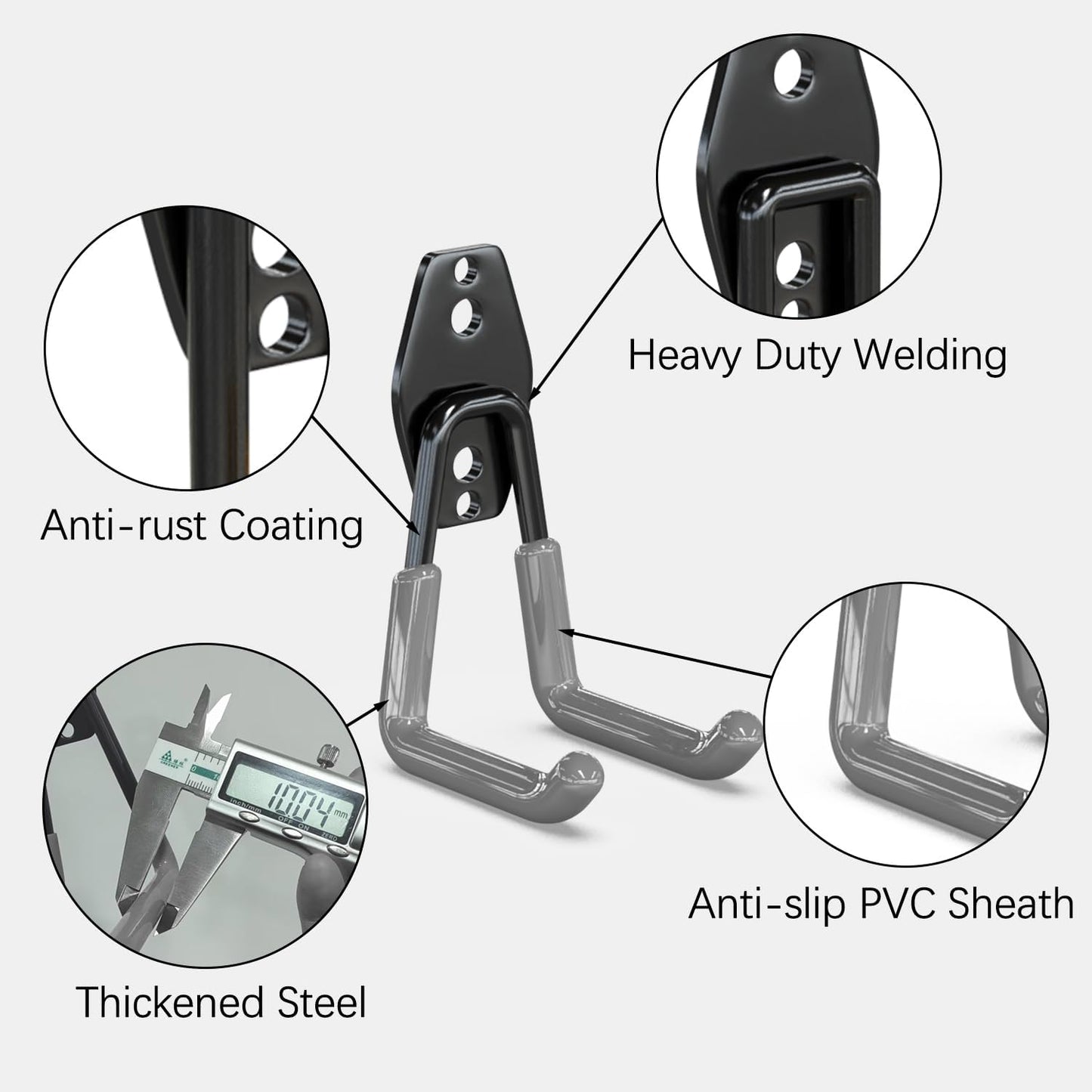 3-H Garage Wall Hooks 10 Pack, Heavy Duty Garage Hooks with Extra Welding Spots, Wall Mount Storage Organizer for Hanging Garden Lawn Tools, Chair, Shovel, Blower, Toolkit (Grey)