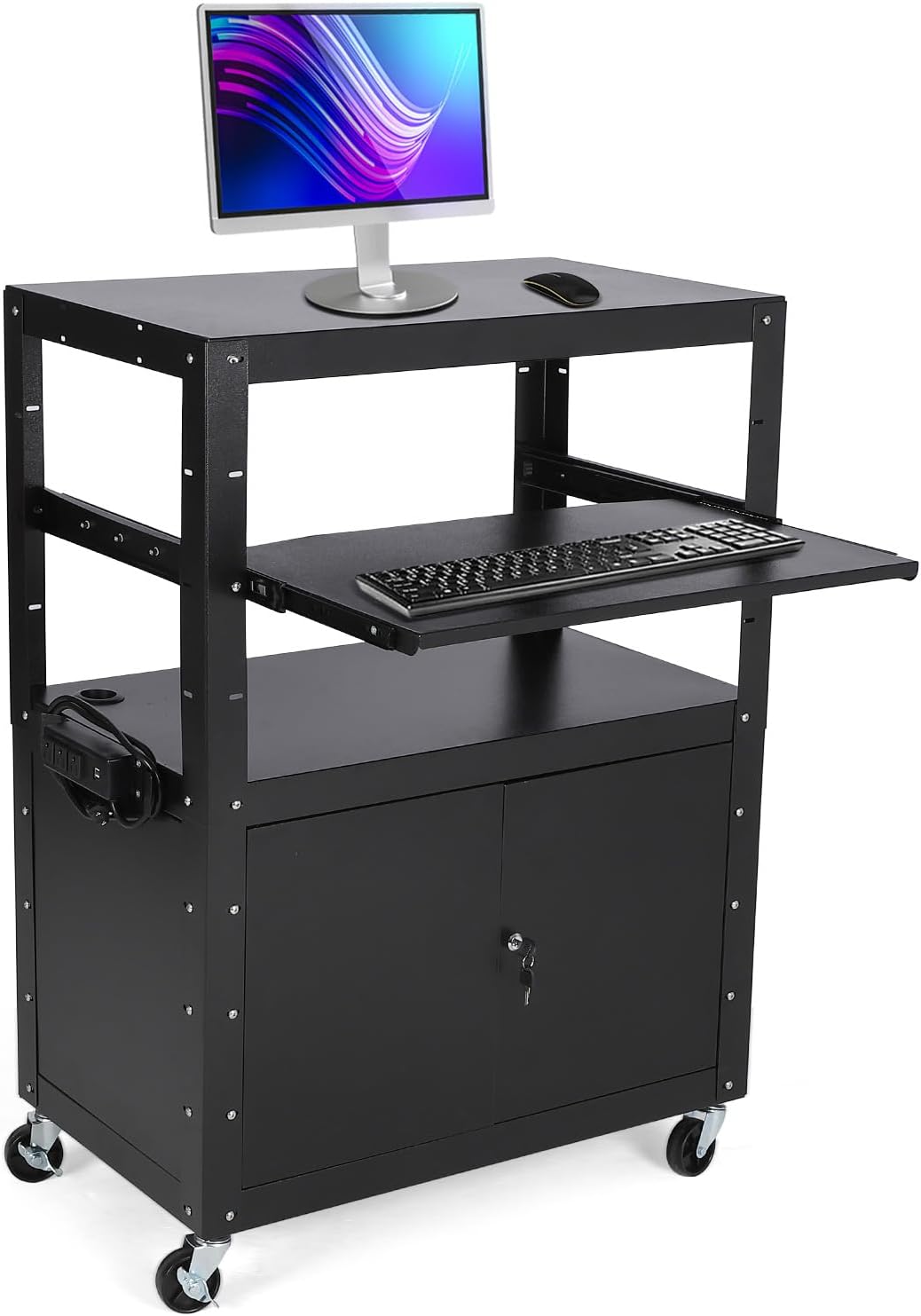 Garvee Mobile AV Cart with Lockable Cabinet, Adjustable Height Laptop Stand, Drop Leaf Workstation, Extra Storage Space, Power Strip Included, Rolling Utility Cart