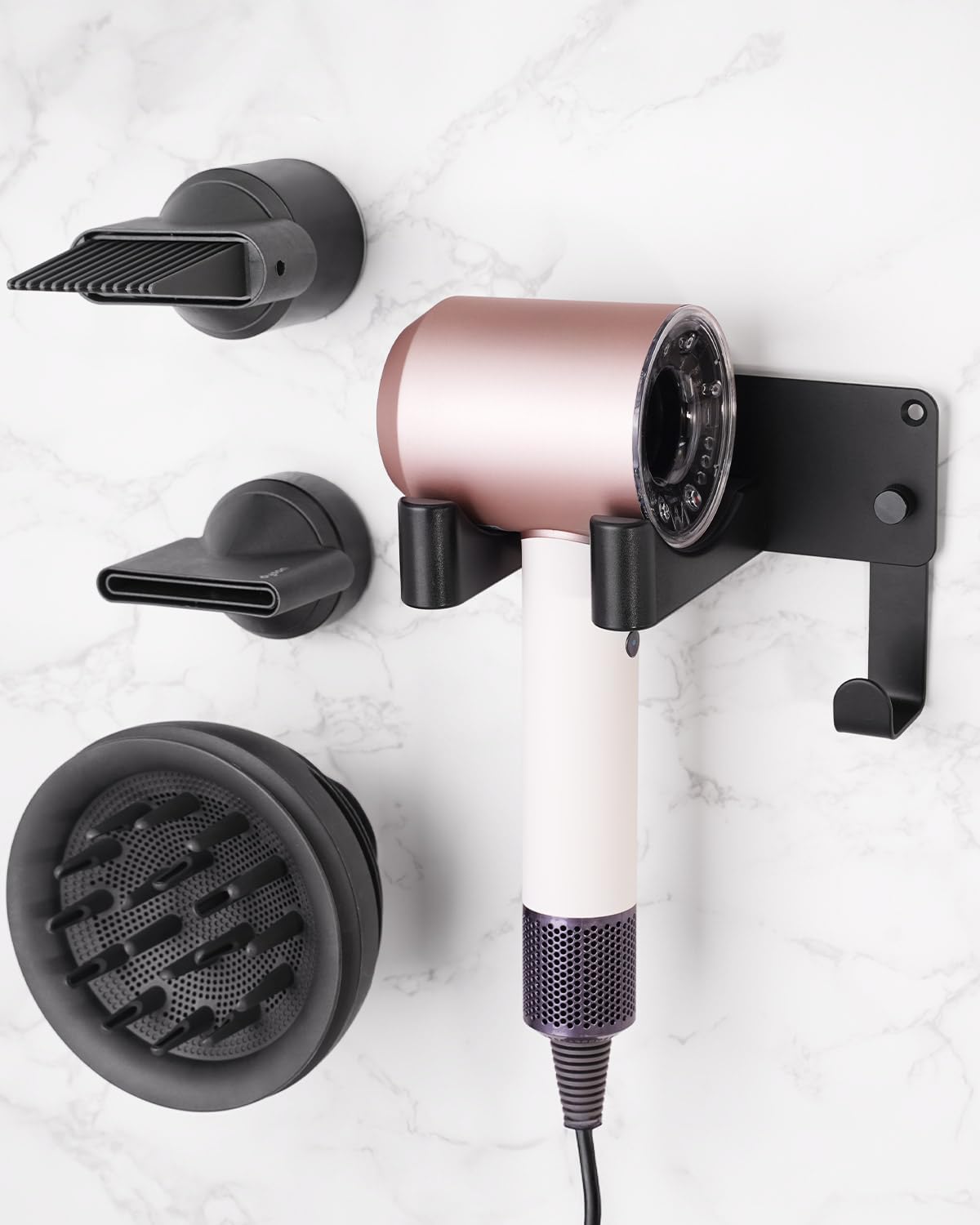 Dyson Hair Dryer Holder, Wall Mounted Aluminum Alloy Hair Dryer Wall Mount for Supersonic/Nural, Dyson Blow Dryer Holder with 3 Magnetic Rings for Salon & Bathroom Black UEMUSI