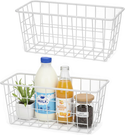 2 Set LeleCAT Hanging Wall Basket Organizer Over the Cabinet Door Adhesive Wire Baskets for Organizing Kitchen Food Pantry Bathroom Shelf Storage No Drilling Wall Mounted,White