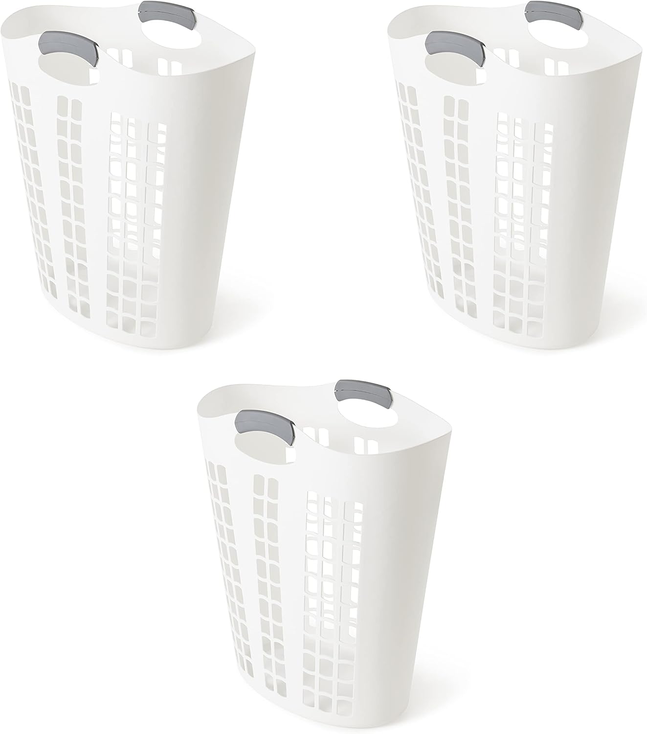 Gracious Living Easy Carry Flex Hamper, Large 87.5 Liter Lightweight Plastic Ventilated Laundry Basket Clothes Bin with Handles, White 3 Pack
