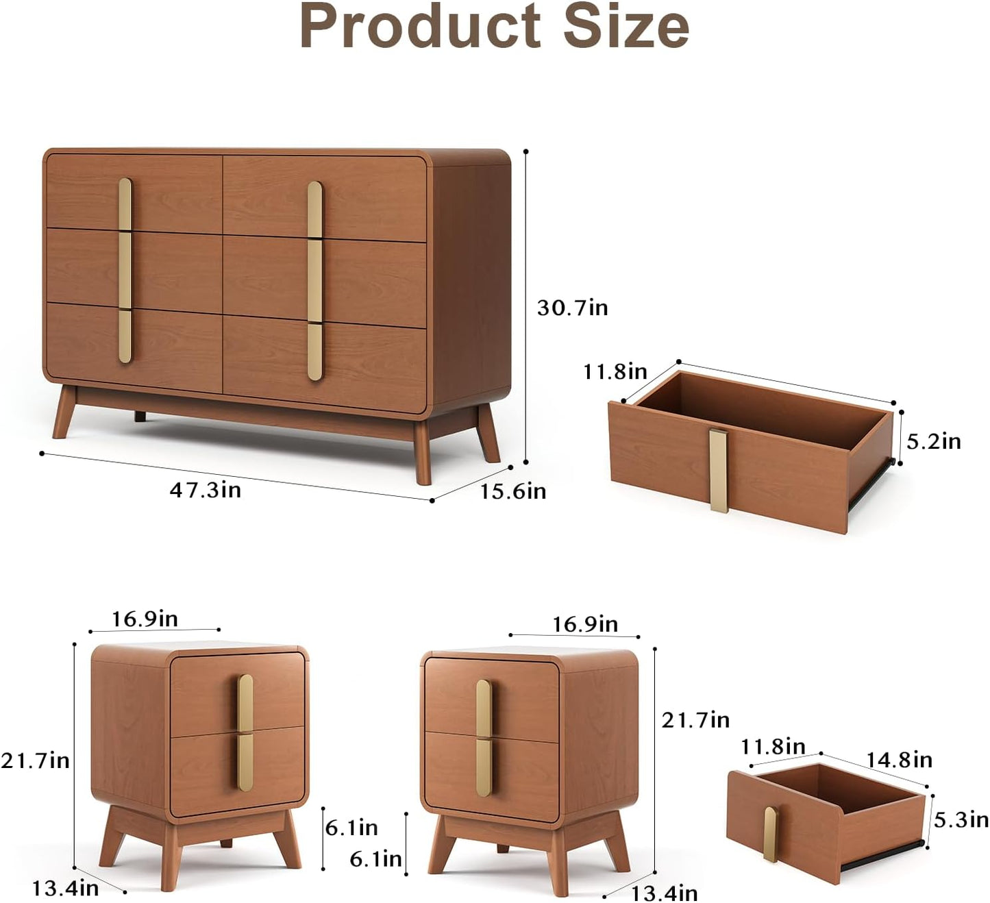 Mid Century Modern Bedroom Set, 6 Drawer Dresser and Nightstand Sets for Bedroom, Night Stand Set 2 & 6 Drawer Dresser with Gold Handles, Wood Chest of Drawers Storage Cabinet Set, Cherry