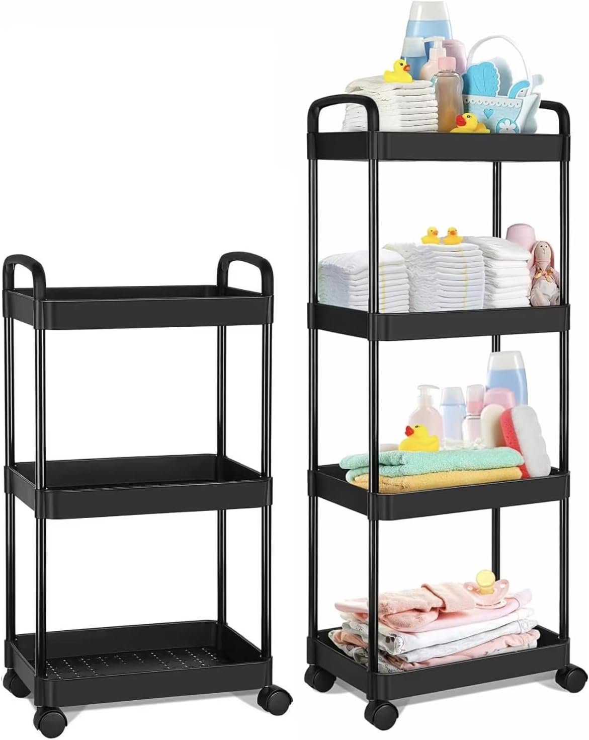 3-Layer, 4-Layer Rolling Cart with Wheels, Detachable Utility Storage Cart with Handle Storage Basket Organizer Shelves for Bathroom, Kitchen Pack of 2