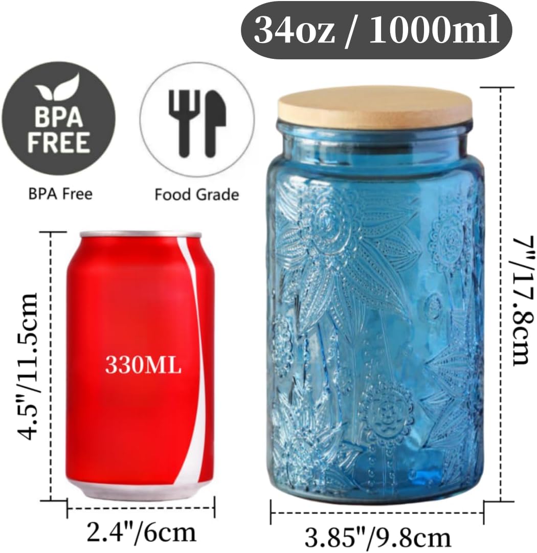 ANSQU 34oz Blue Glass Container, Candy Jar with Lid, Vintage Colored Mason Jars for Kitchen Decorative Jar for Coffee Tea Candy Cookies, Cute Jar (Blue, 1 Pack)