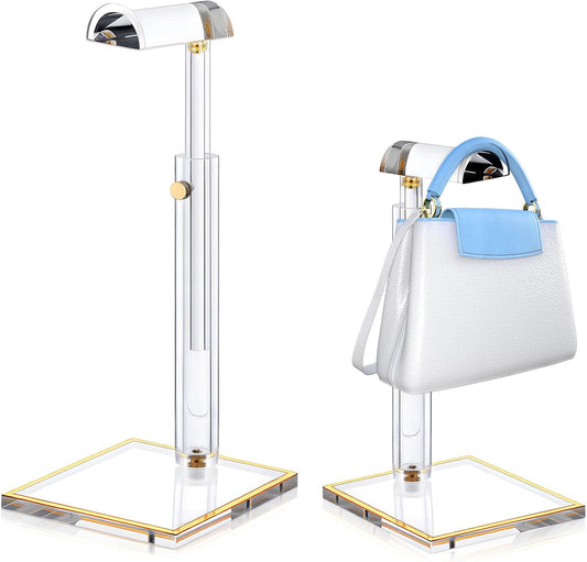 2 PCS Purse Display Stand, Handbag Stand Acrylic Purse Holder Adjustable Height Bag Rack Transparent Hanger Rack Curved Design Decorative for Display Handbags, Shoulder Bags and Necklaces