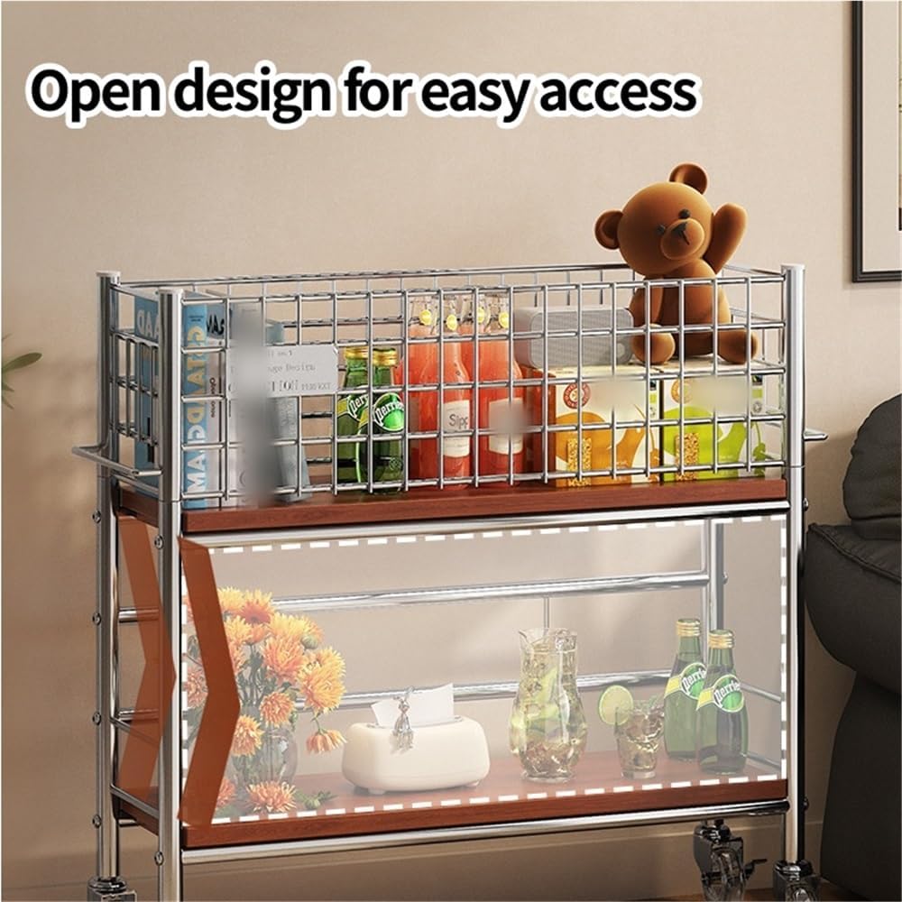 Slim Storage Cart with Wheels, 2 Tier Rolling Cart with Solid Wood Open Shelf, Space-Saving Snack Cart, Utility Cart for Kitchen, Bathroom, Living Room
