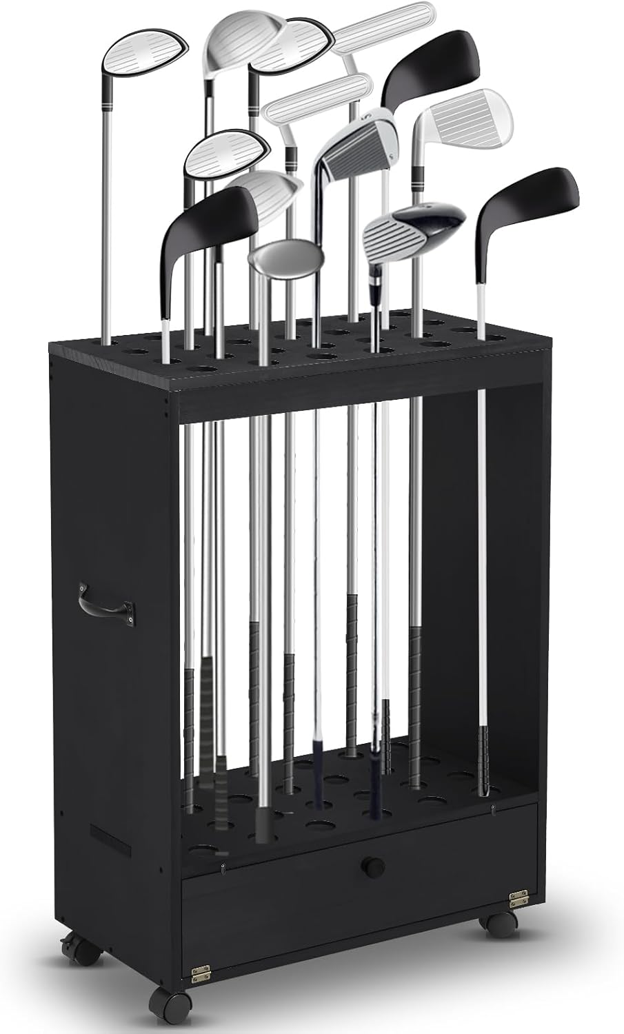 27 Hole Golf Club Stand Holder Wooden Golf Club Organizer Putter Display Rack with Storage Drawer and Wheel for Indoor Home Office Simulator Garage
