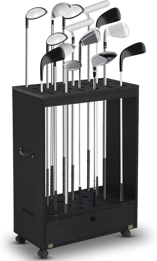 27 Hole Golf Club Stand Holder Wooden Golf Club Organizer Putter Display Rack with Storage Drawer and Wheel for Indoor Home Office Simulator Garage