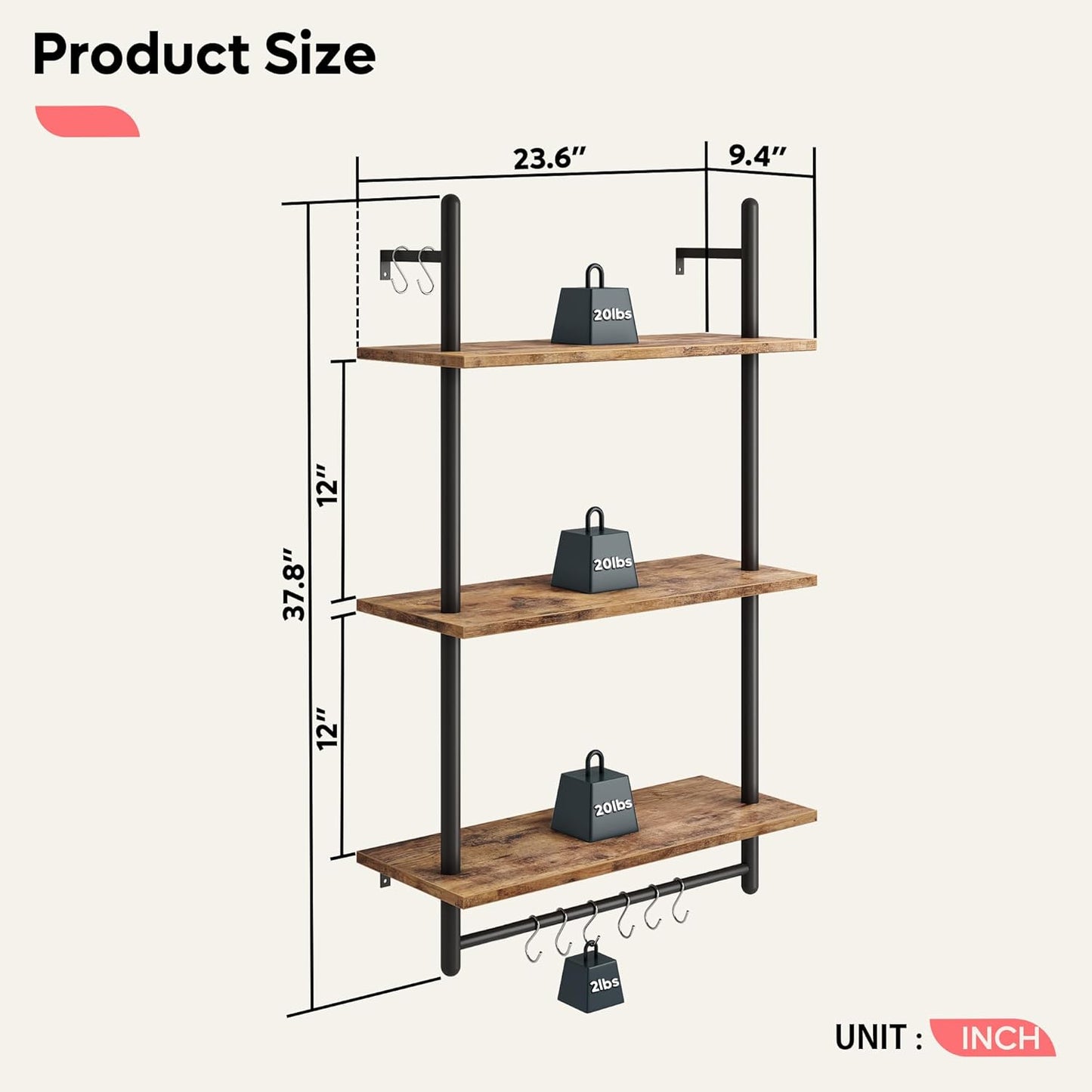 Bestier 3 Tier Industrial Pipe Shelving, Floating Kitchen Shelves for Wall, Storage Coffee Bar Hanging Shelves with Towel Bar for Kitchen Living Room Bathroom Organizer Bedroom, 24 Inch Rustic Brown