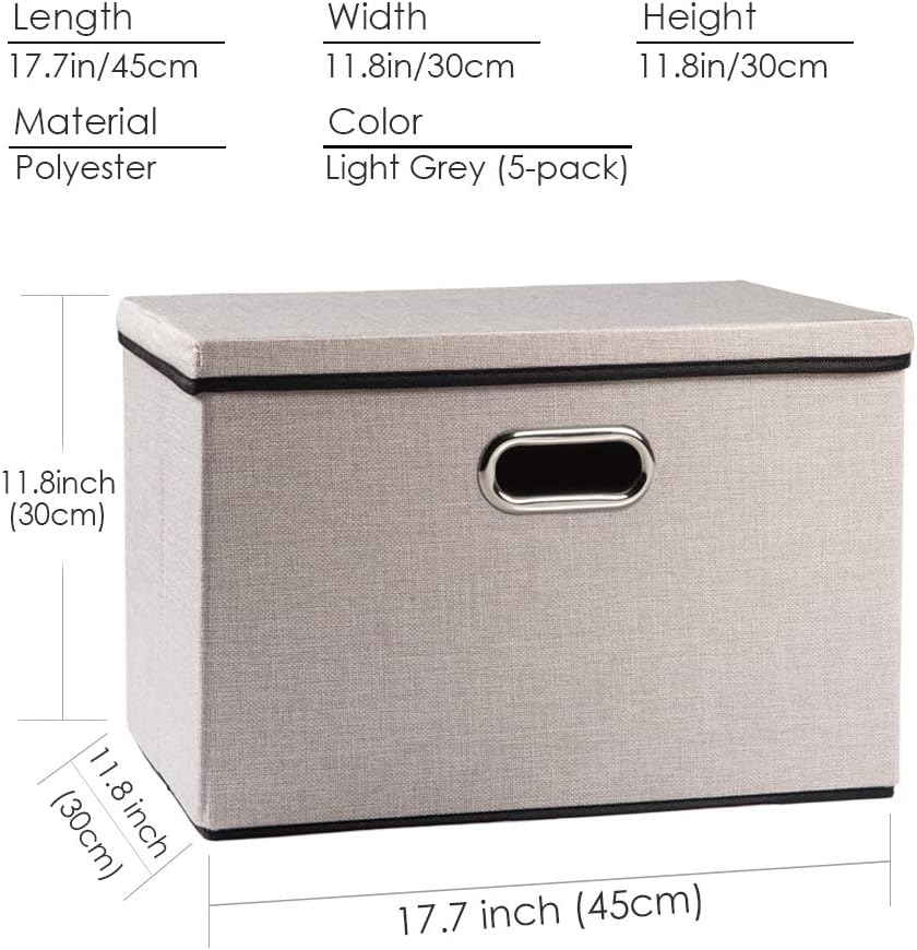 PRANDOM Large Foldable Storage Bins with Lids [5-Pack] linenFabric Decorative Storage Boxes Organizer Containers Baskets Cube with Handles Divider for Bedroom Closet Office Light Grey(17.7x11.8x11.8)