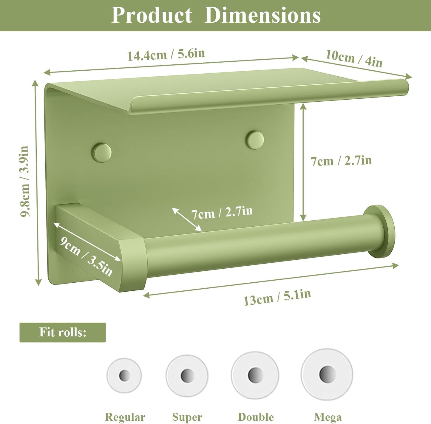 Tindbea Toilet Paper Holder with Shelf Adhesive or Screw Wall Mounted Toilet Paper Roll Dispenser Storage, Stainless Steel Bathroom Shelf Holder Accessories (Soft Sage Green)