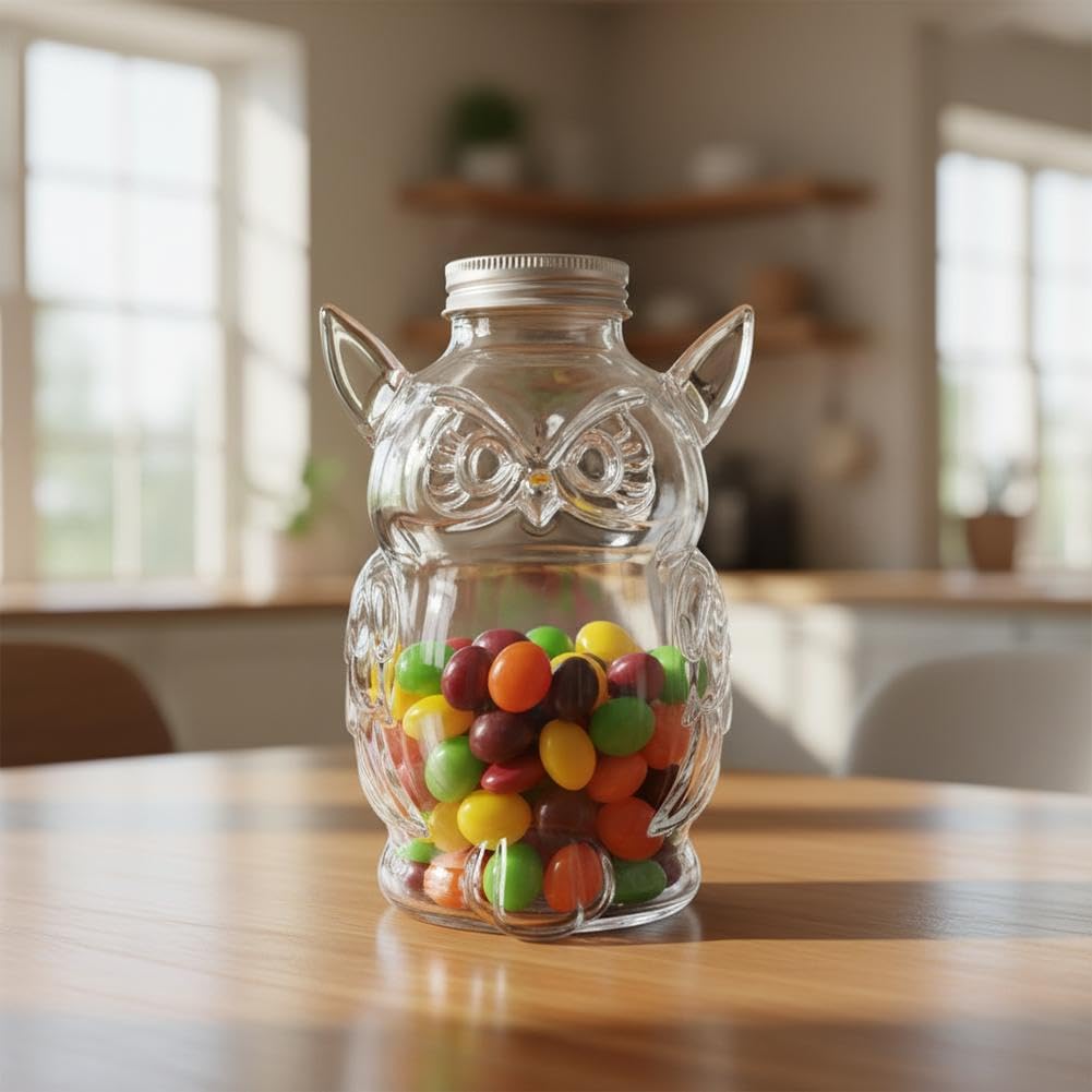 Owl Treat Jar, Airtight Glass Snack Container with Lid, Cute Owl Shaped Candy Pet Snack Jar, Clear Box Cute Container for Kitchen Food Storage