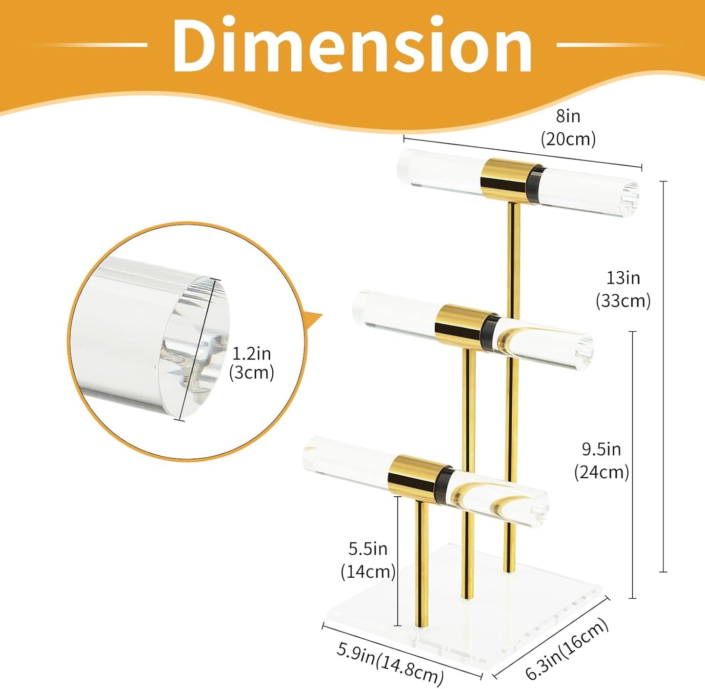 T-Bar Tangle-free Necklace and Jewelry Display Stands, 3-Tier Acrylic Bracelet Holder Stand, Clear Gold Jewelry Organizer with Stainless Rod, Women Vendors Retail Store Counter Bangles Display Stand