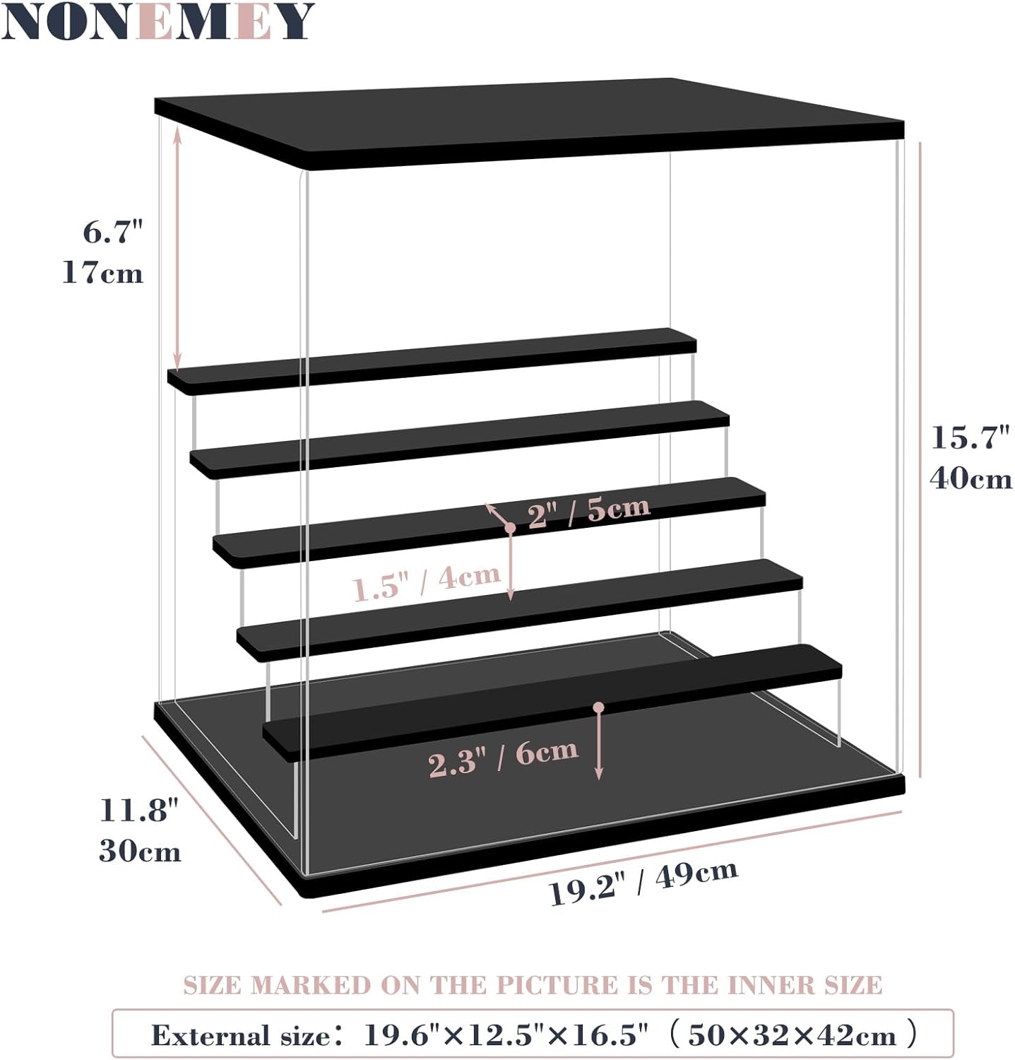 NONEMEY Clear Acrylic Display Case Stand with LED Light 2/3/4/5/6 Tier Storage Box Showcase Dustproof Organizer Box for Collectibles (6 Tiers 19.6 * 12.5 * 16.5inch)