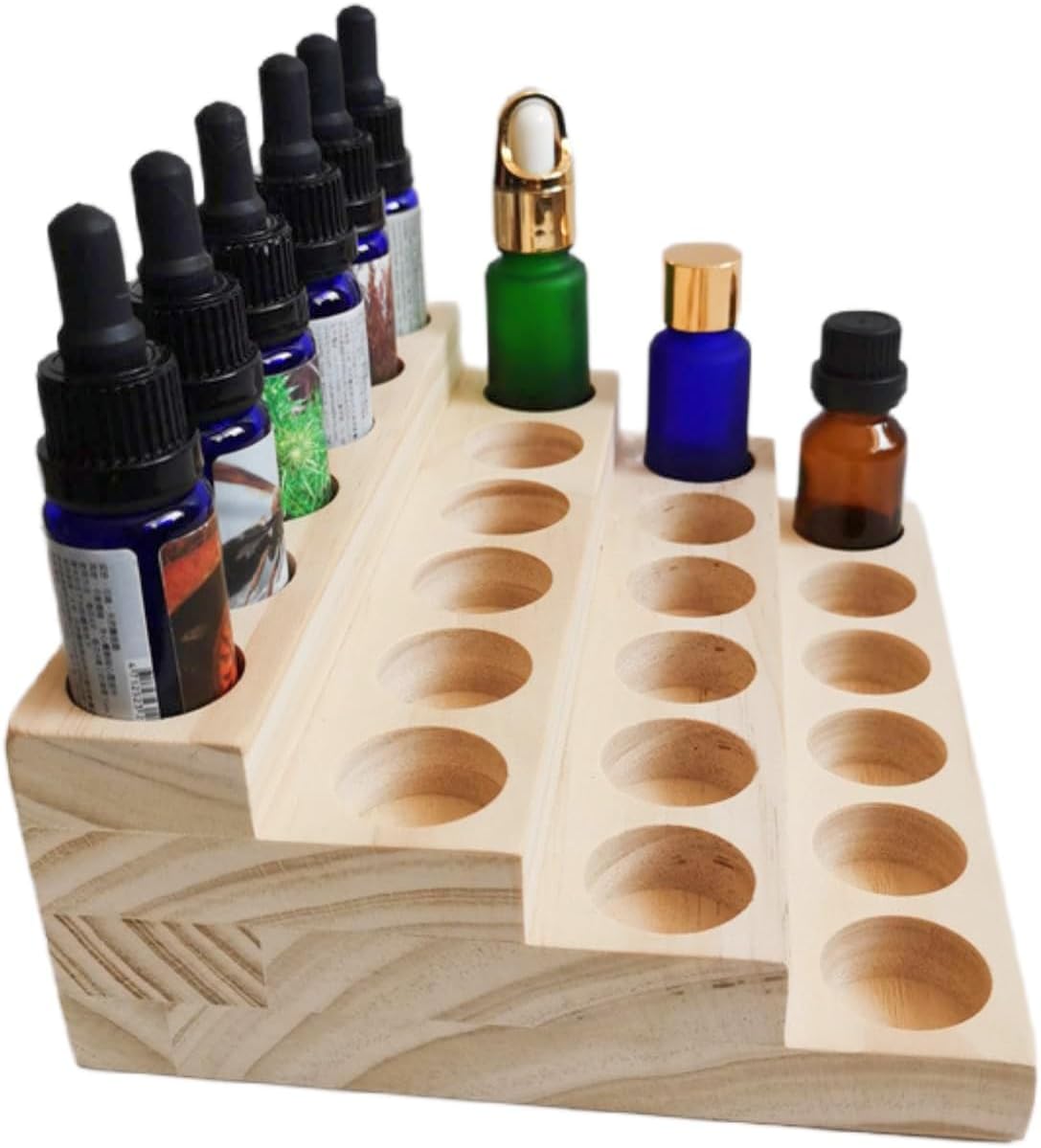 Essential Oil Display Stand 4 Tier Essential Oil Holder Solid Wood Essential Oil Rack for 24 Bottles Tabletop Display Holder Bottle Organizer for 5-20ml Bottles Display for Essential Oils