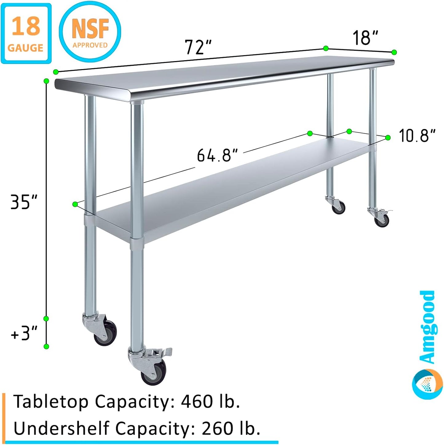 AmGood 72" Long x 18" Deep Stainless Steel Table with Casters