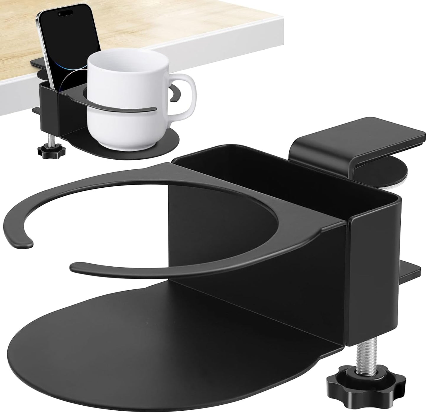 Desk Cup Holder for Coffee Mugs, Tumblers, Water Bottles with Mobile Phone Stand, Anti-Spill Metal School Home Office Accessories (Black-1)
