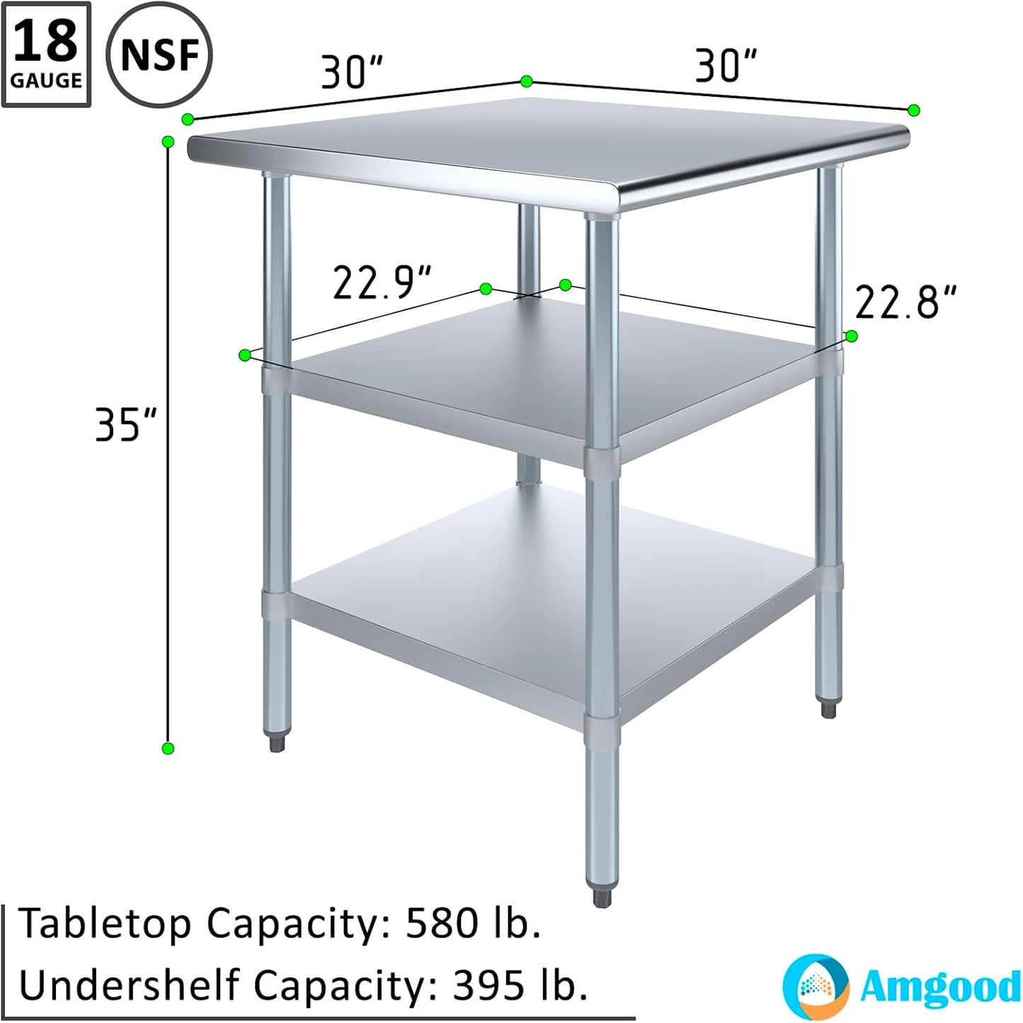 AmGood Stainless Steel Work Table with 2 Shelves | NSF | Metal Utility Table (30" Long x 30" Deep)