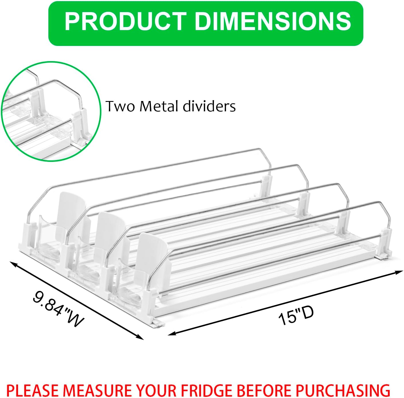 Rula Drink Organizer for Fridge, Width Adjustable Water Bottle Pusher Glide, Self-Pushing Soda Can Dispenser for Refrigerator - Holds up to 15 Cans (15"D, 3 Rows)