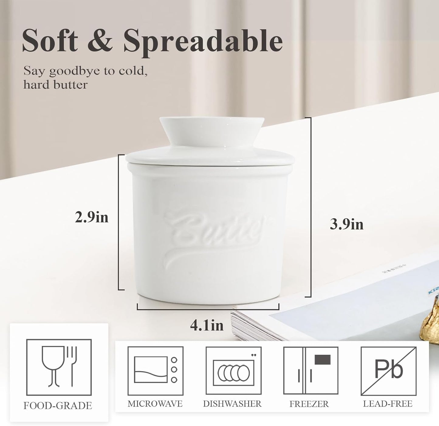Butter Crock for Counter with Water, French Butter Keeper for Spreadable Butter Ceramic Butter Dish with Lid for Countertop, Butter Container Holder, Home Kitchen Decor (White, M)