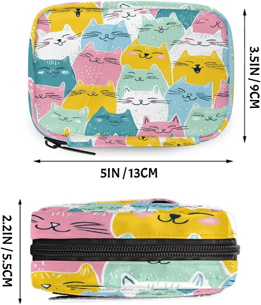 Colorful Cartoon Cute Cats Pill Organizer Travel Medicine Case with Zipper Daily Vitamin Storage Bag Portable 8 Slot Weekly Pill Box Supplement Holder for Home Office Gym Travel