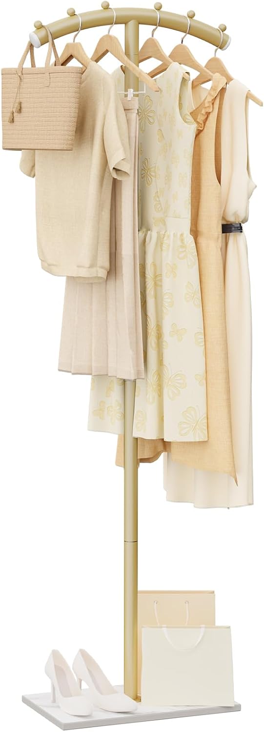 Arcuate Garment Rack, T-shaped Coat Tree Freestanding, Metal Coat Racks, Natural Stable Rock Base, Suitable For Entrances, Corridors, Halls, 68.9in, Gold