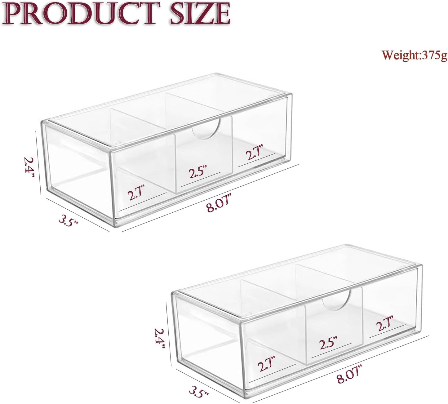 Hair Accessories Organizer for Girls, Clear Acrylic Hair Tie Organizer, or Headband, bows，Cute Small Stackable Storage Drawer Container Caddy Box for Bathroom Vanity Countertop 2PCS