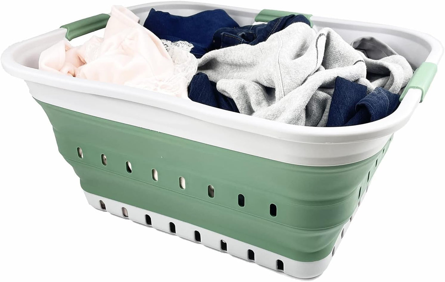 SAMMART 42L (11 gallon) Collapsible Plastic Laundry Basket - Foldable Pop Up Storage Container/Organizer - Portable Washing Tub - Space Saving Hamper/Basket (Grey/Dark Sea Green)