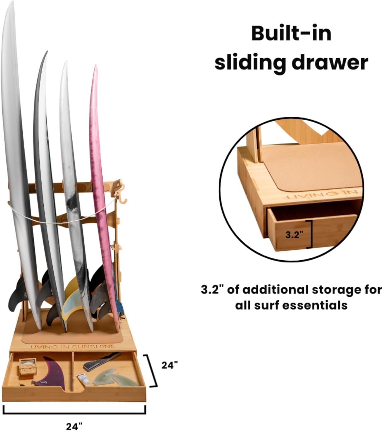 LISS Spirit Surfboard Rack Stand Holder for 3 & 4 Boards, Indoor Storage Display for Longboard, Shortboard, Snowboard, Wakeboard, Skateboard Up to 10Ft Long