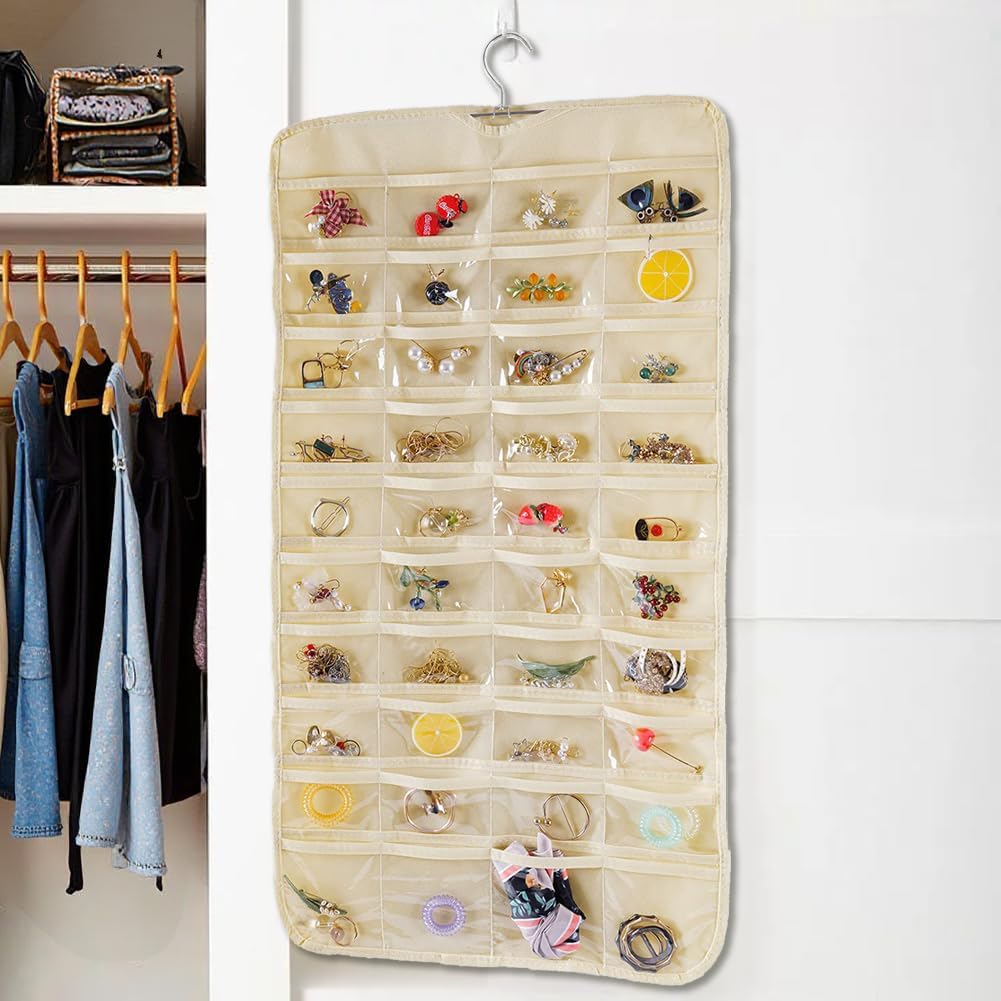 3PCS Hanging Jewelry Organizer with 80 Pocket Double-Sided Jewelry Holder Storage Wall Door Closet Accessories Organizer for Earrings, Necklaces, Rings (White)