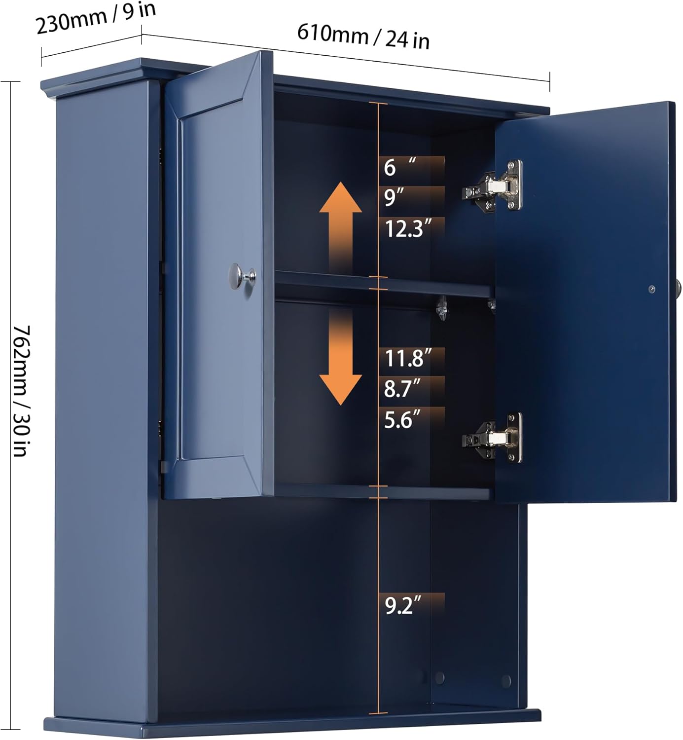 Bathroom Wall Cabinet Navy Blue Over Toilet Storage Cabinets 24x30 in Above Toilet Wood Medicine Cabinets Wall Mounted Bathroom Cabinet with 2 Door & Adjustable Shelf