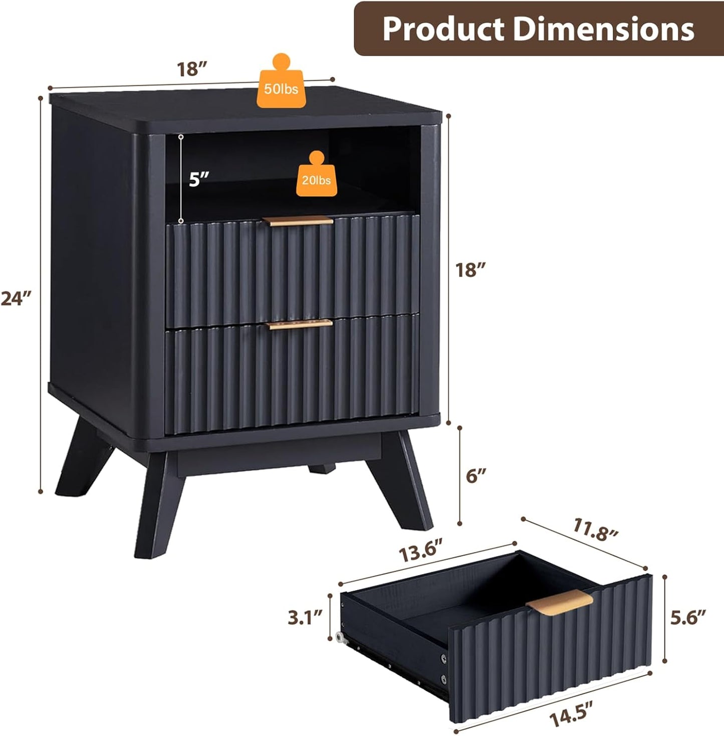 Fluted Nightstand - 24" Modern Bedside Table w/ 2 Drawers, Wood Bed Side End Table with Open Shelf, Night Stand with Storage Drawer, Curved Design Night Stands for Bedroom Living Room (Black)
