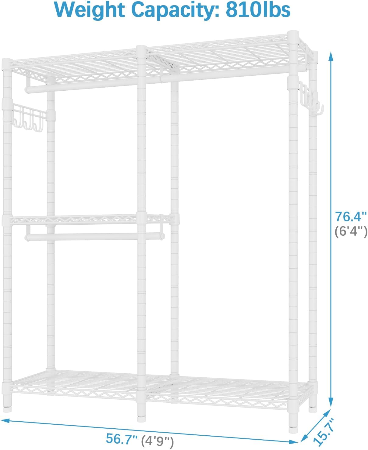 VIPEK V4 Garment Rack for Hanging Clothes, Portable Wardrobe Freestanding Closet Organizer, Heavy Duty Clothes Rack Metal Clothing Rack with 3 Hanging Rods & 2 Side Hooks, Max Load 810lbs, White